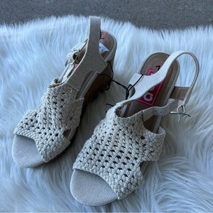 DOD Cream Tan Crochet Knit and Cork Wedge Heeled Open Toed Buckle Heels